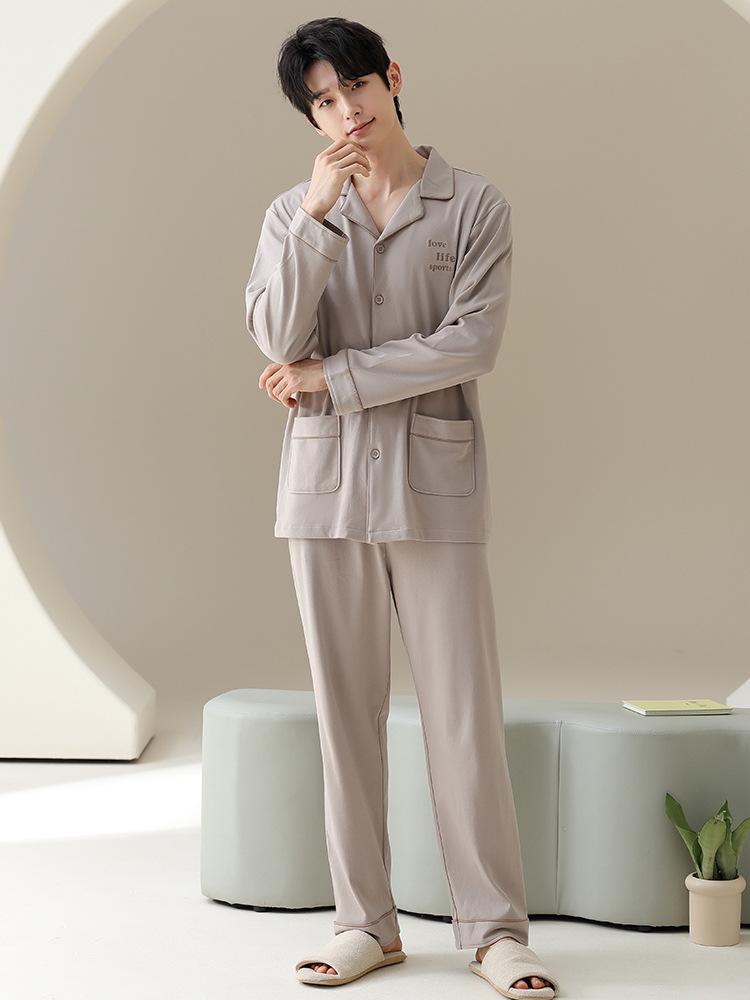 Couple's All-Cotton Long Sleeve Pajamas - Solid Color Cardigan Homewear for Men and Women, Ideal for Autumn and Winter.