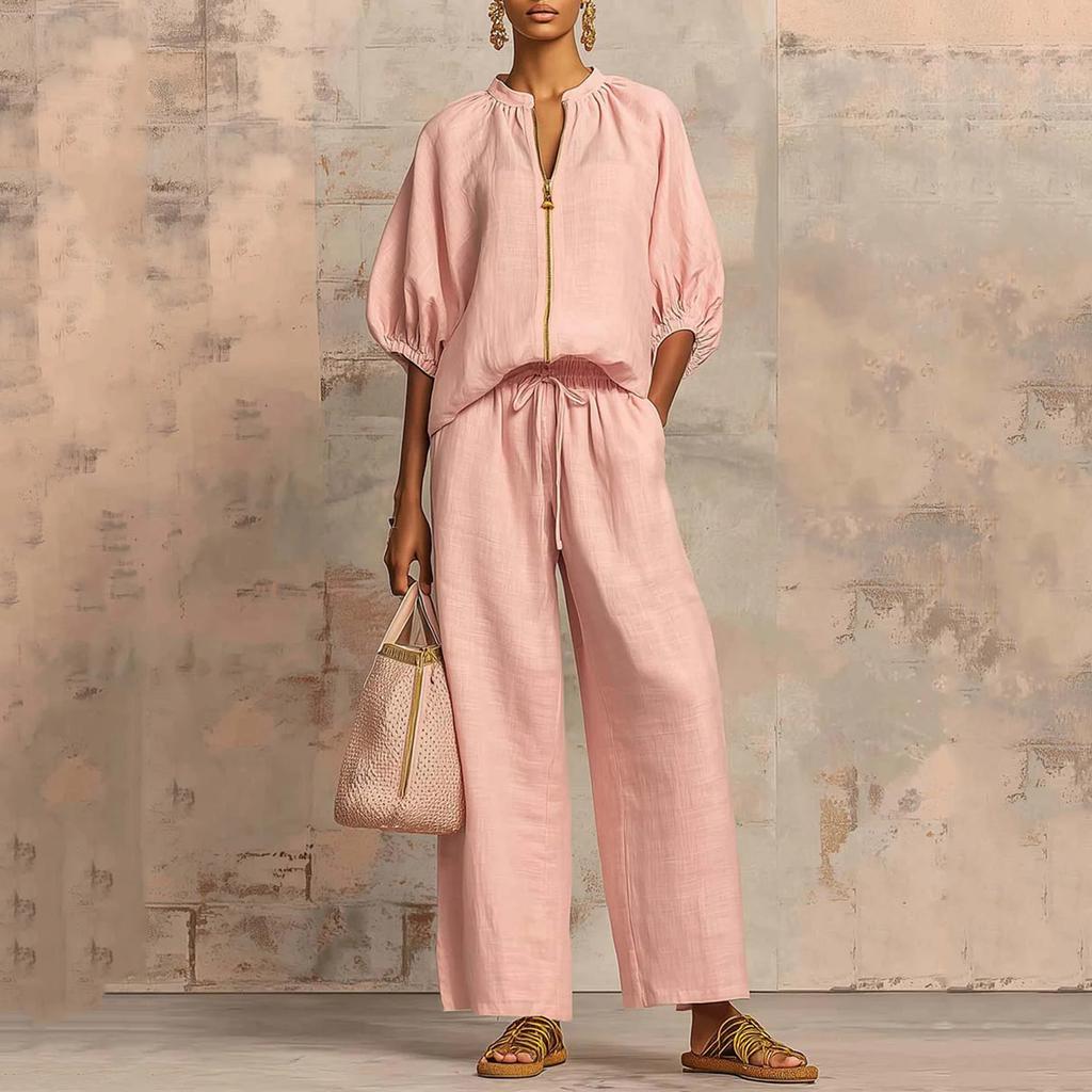 Fashionable And Sexy Women's Spring And Summer Retro Elastic Waist Strap Linen Suit Women's Fashion Color Casual Two-piece Set