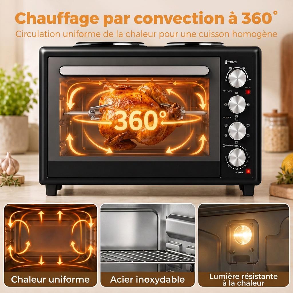 Mini Oven, 46 L, 2850 W, 2 Baking Trays, Rotisserie, Convection, Timer, Black
