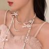 Elegant Multi Layered Pearl Ribbon Bow Layered Tassel Necklace Niche Sweet Drape Neck Chain Trendy Necklace Jewelry Accessories