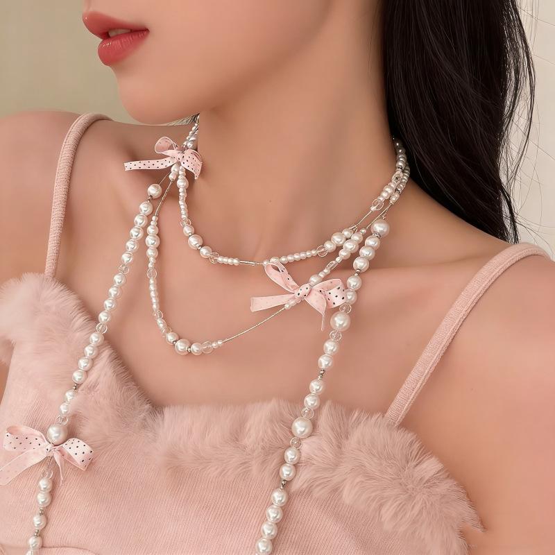 Elegant Multi Layered Pearl Ribbon Bow Layered Tassel Necklace Niche Sweet Drape Neck Chain Trendy Necklace Jewelry Accessories