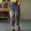 Women's Loose Autumn Denim Pants Elastic Waist Casual Plus Size Retro Patched Embroidered Harem Jeans