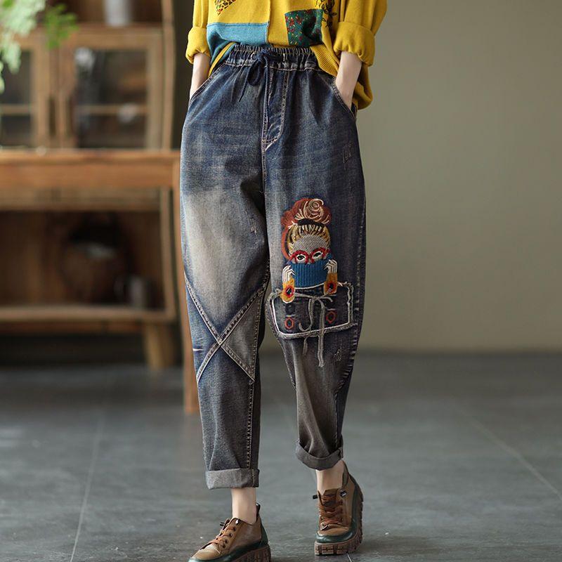 Women's Loose Autumn Denim Pants Elastic Waist Casual Plus Size Retro Patched Embroidered Harem Jeans