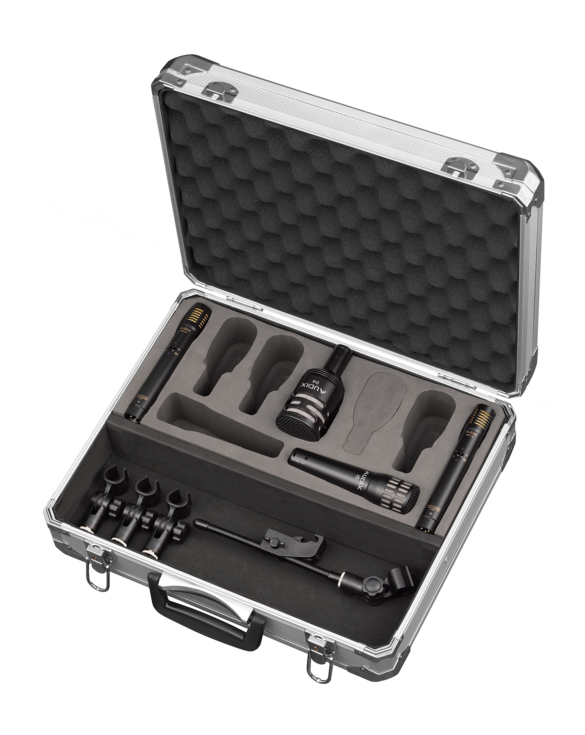 

AUDIX DP QUAD Drum Set Recording Microphone Set 1 1 2 drum rim various microphone aluminum case included (4 microphones) D6, i5, ADX51s, clamp, чорний