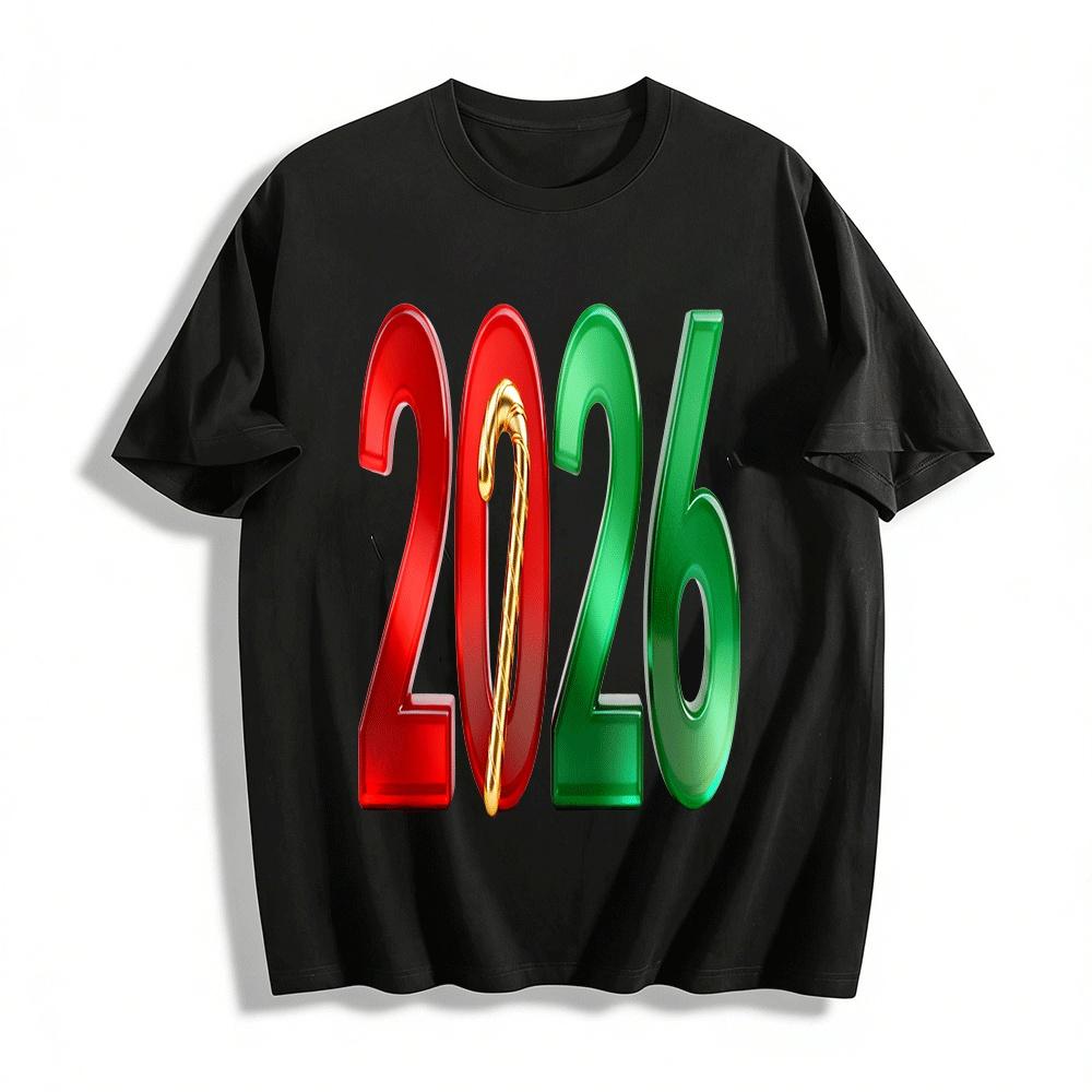 

2026 Christmas Theme Number Candy Cane Print Casual Top Pure cotton T-shirt XXS