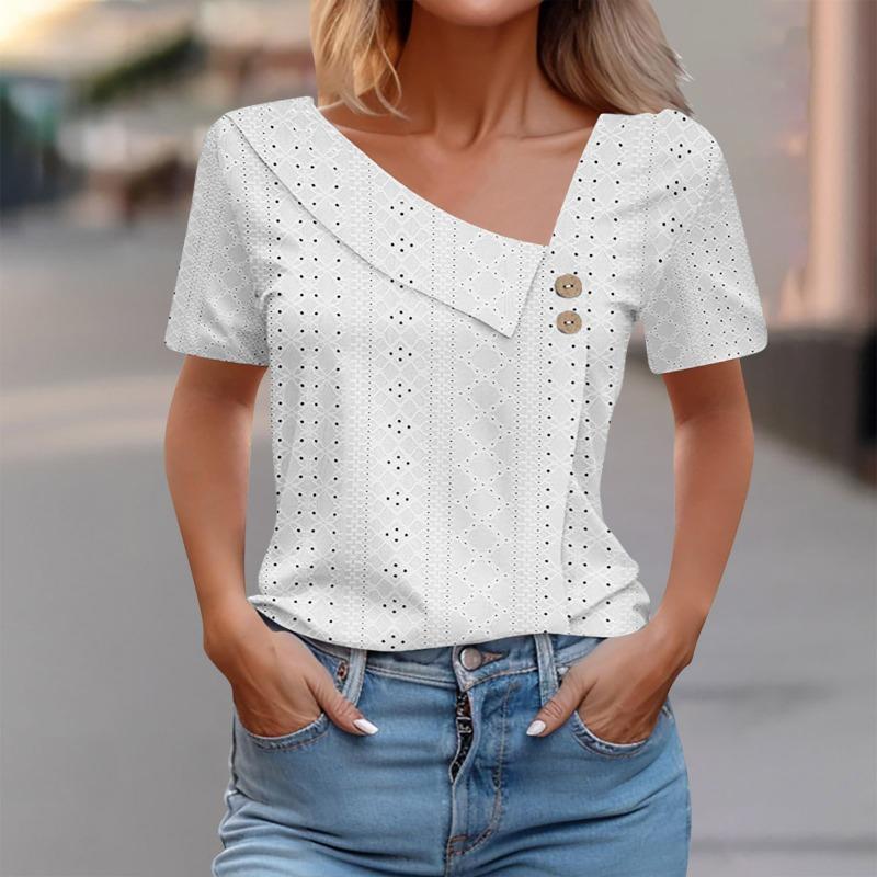 QICED Women's Fashion Casual Solid Color Print Short Sleeve Blouses & Shirts