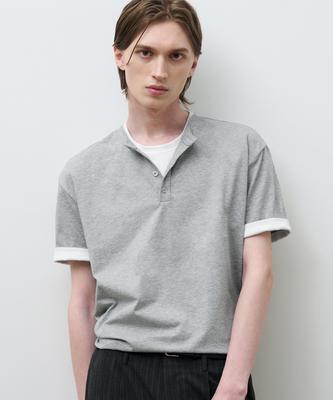 DRAW FIT Layered Roll-Up Henley Neck T-Shirt [M.Grey]