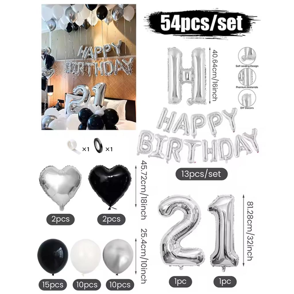 30/54pcs Black and White Balloons, Silver Banner Balloons Suitable for Birthday Decoration and Holiday Decoration