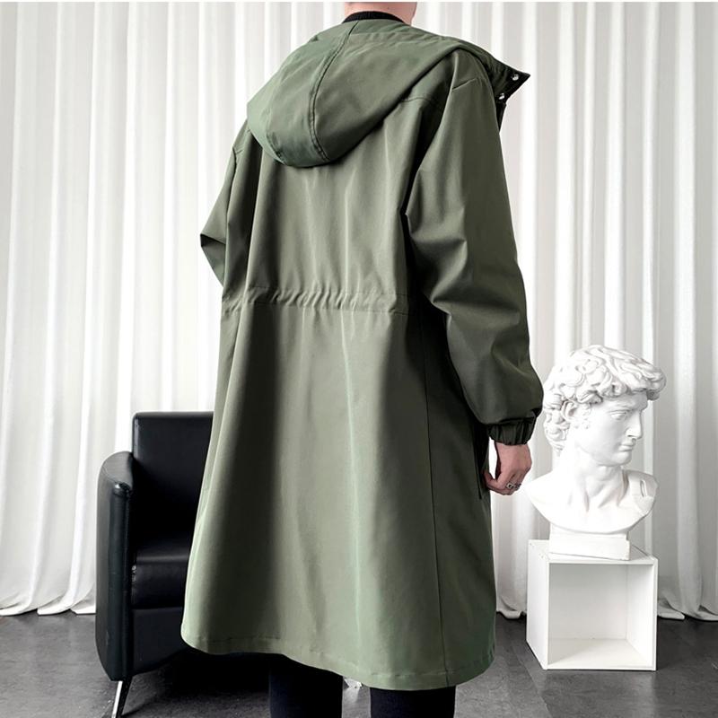 2025 Spring Autumn Army Green Windbreaker Fashion Men Mid-length Casual Hooded Coat Men Daily High Street Overcoat Male Clothes