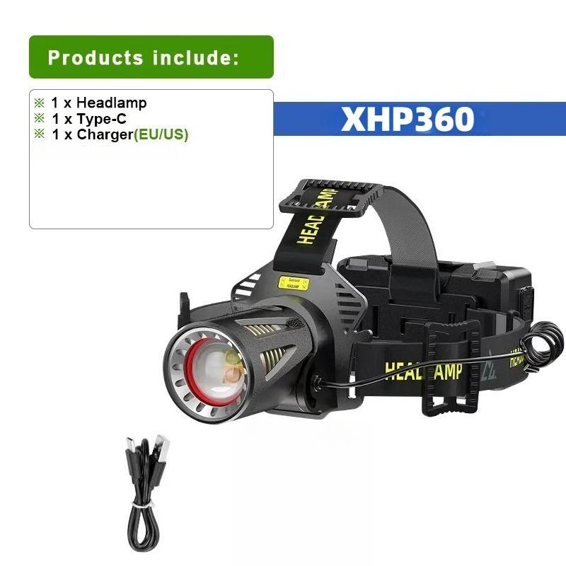 Powerful XHP360 Headlamp No Battery Zoomable Sensor Headlight Rechargeable Head Flashlight Torch Outdoor Camping Hiking Fishing Lantern
