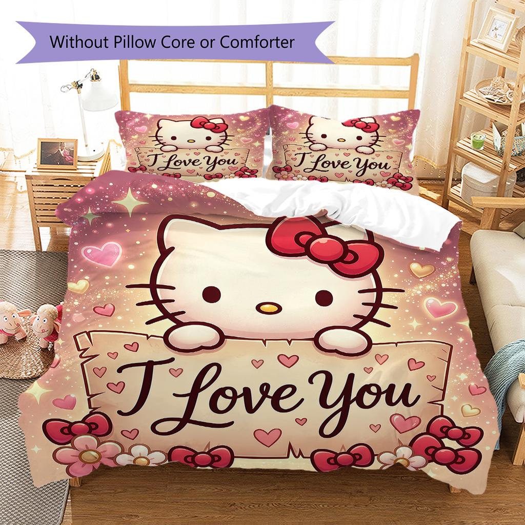 Hello Kitty Cute Pattern Bedding,Quilt Set Quilt Cover Pillowcase Home Birthday Gift(1 * Duvet Cover + 2 * Pillowcase, Without Core)