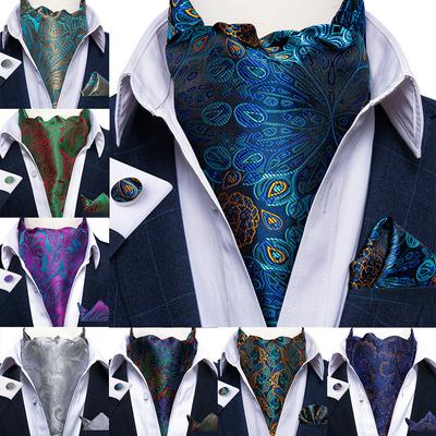 Vintage Ascot Tie for Men Casual Tie for Men Silver Grey Cravat Ascot Paisley Tie Hanky Cufflink Set