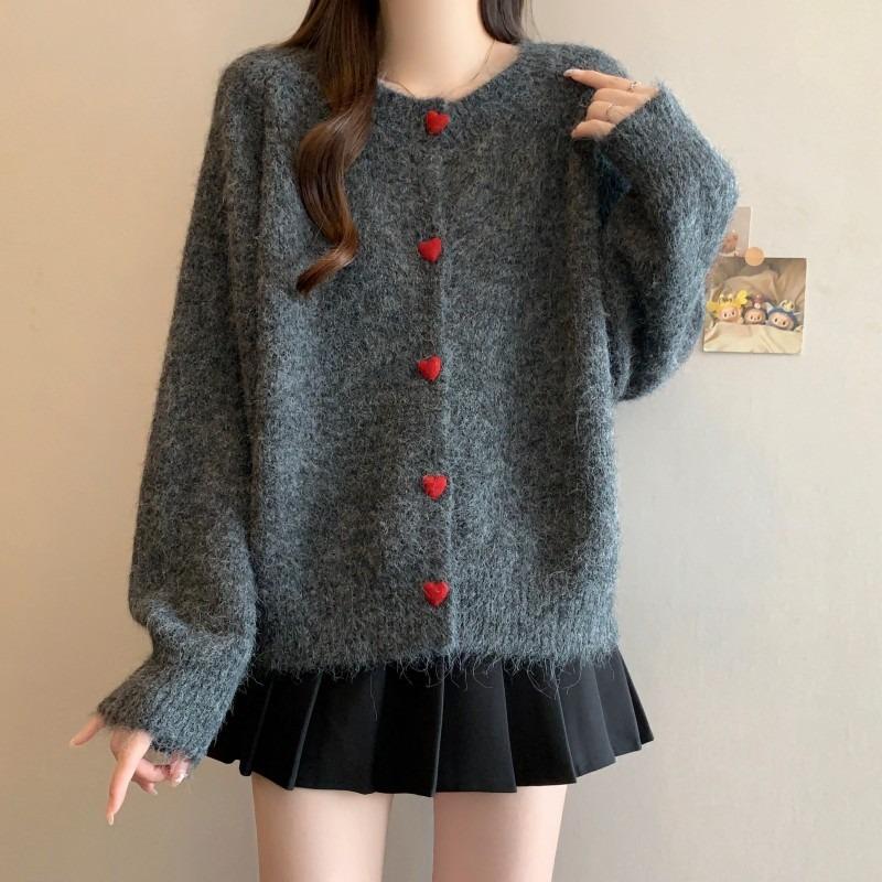 Love Single-breasted Age-reducing Soft Waxy Sweater Jacket Women's Autumn and Winter Loose and Thin Shoulder Sleeves Knitted Top Cardigan