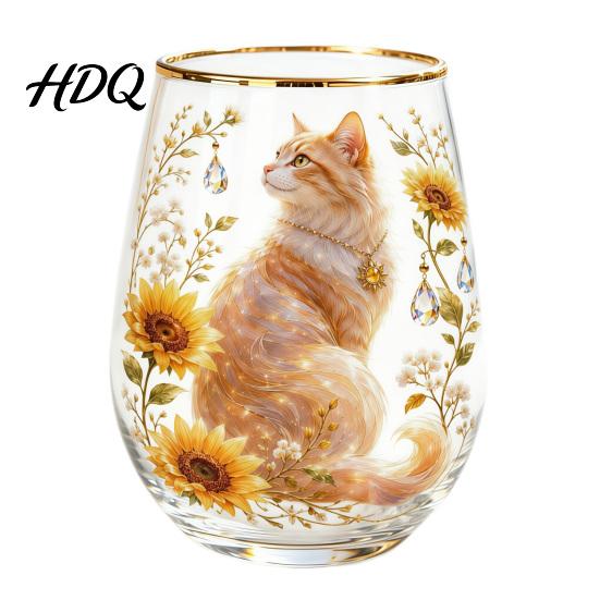 Hand-painted Glass Cup Hand Painted Tumbler Egg Shaped with Gold Rim Clear