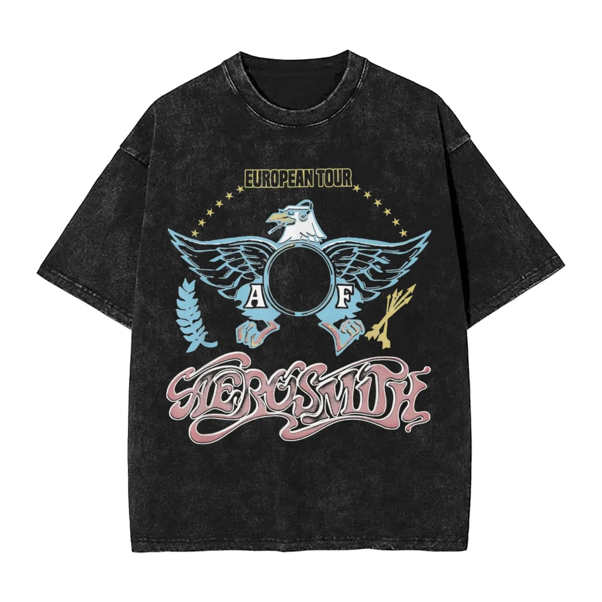 Aerosmith European Tour Eagle Logo Graphic Print Vintage Washed Oversized Rock Band Streetwear T-Shirt L
