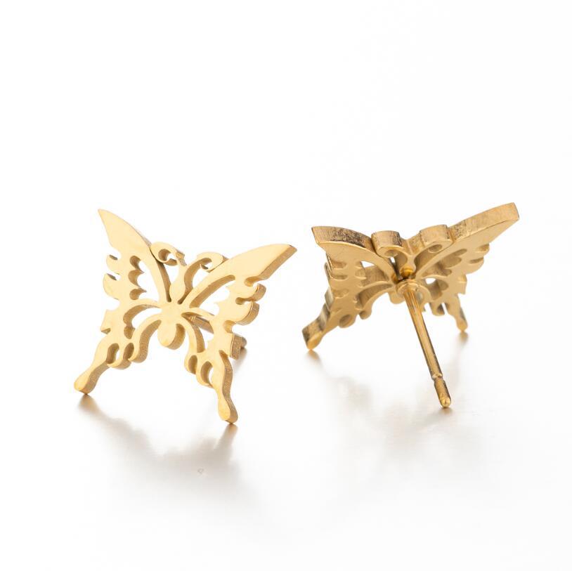 Korean-Style Butterfly Hollow Stud Earrings - Stainless Steel Insect Ear Bone Studs
