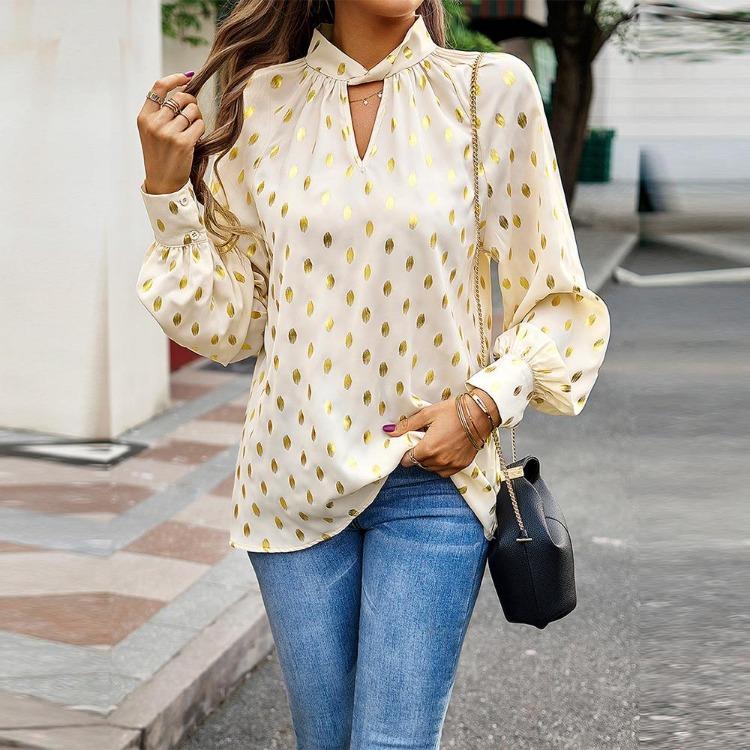 Women's Loose Hollow Out Blouse Long Sleeve O Neck Top Autumn Winter Printed Commuter Casual Tops