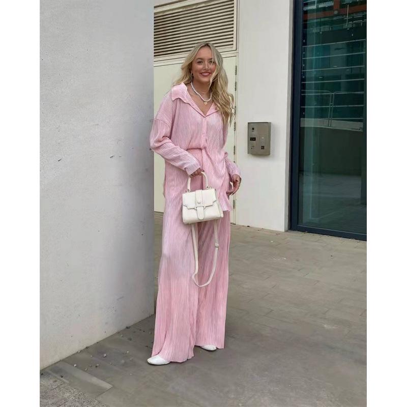 

Spring & Autumn Women s Solid Color Drape Flare Pants & Single-Breasted Top Two-Piece Set 2XL