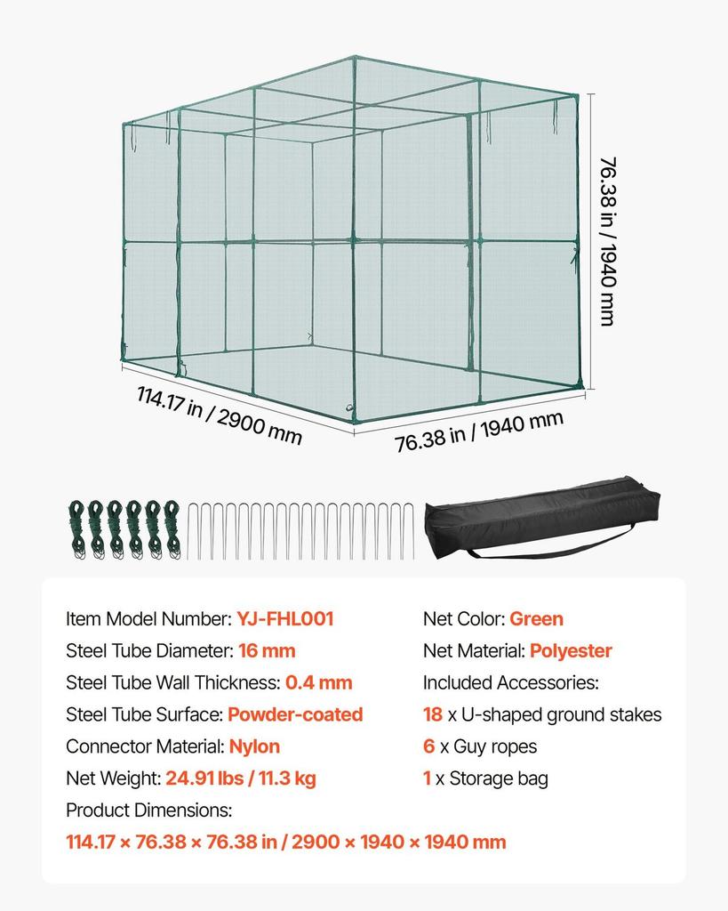 Crop Cage, 2.9 x 1.94 x 1.94 m Plant Protection Tent with Zippered Door, Wind-Resistant Tall Crop Cage, Easy to Install, Outdoor Raised Bed Cover,