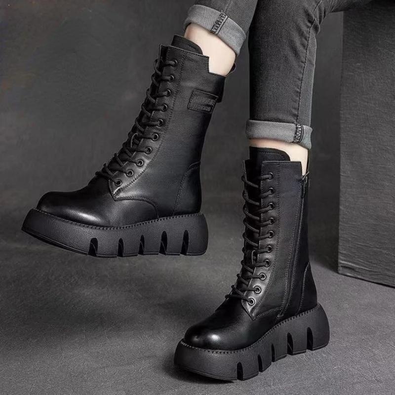 Fashion Chunky Platform Punk Boots for Women Thick Bottom Knee High Boots Woman Autumn Winter Fashion PU Leather Motorcycle Botas Mujer