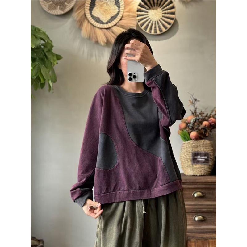 

Spring Loose Casual Distressed Colorblock Sweatshirt for Women - Versatile Literary Trend Pullover Top One Size