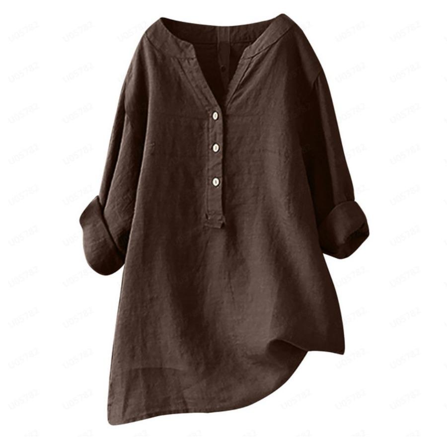 Camicia estiva taglie forti tinta unita casual in cotone e lino, camicetta vintage con tasca, abbigliamento da donna