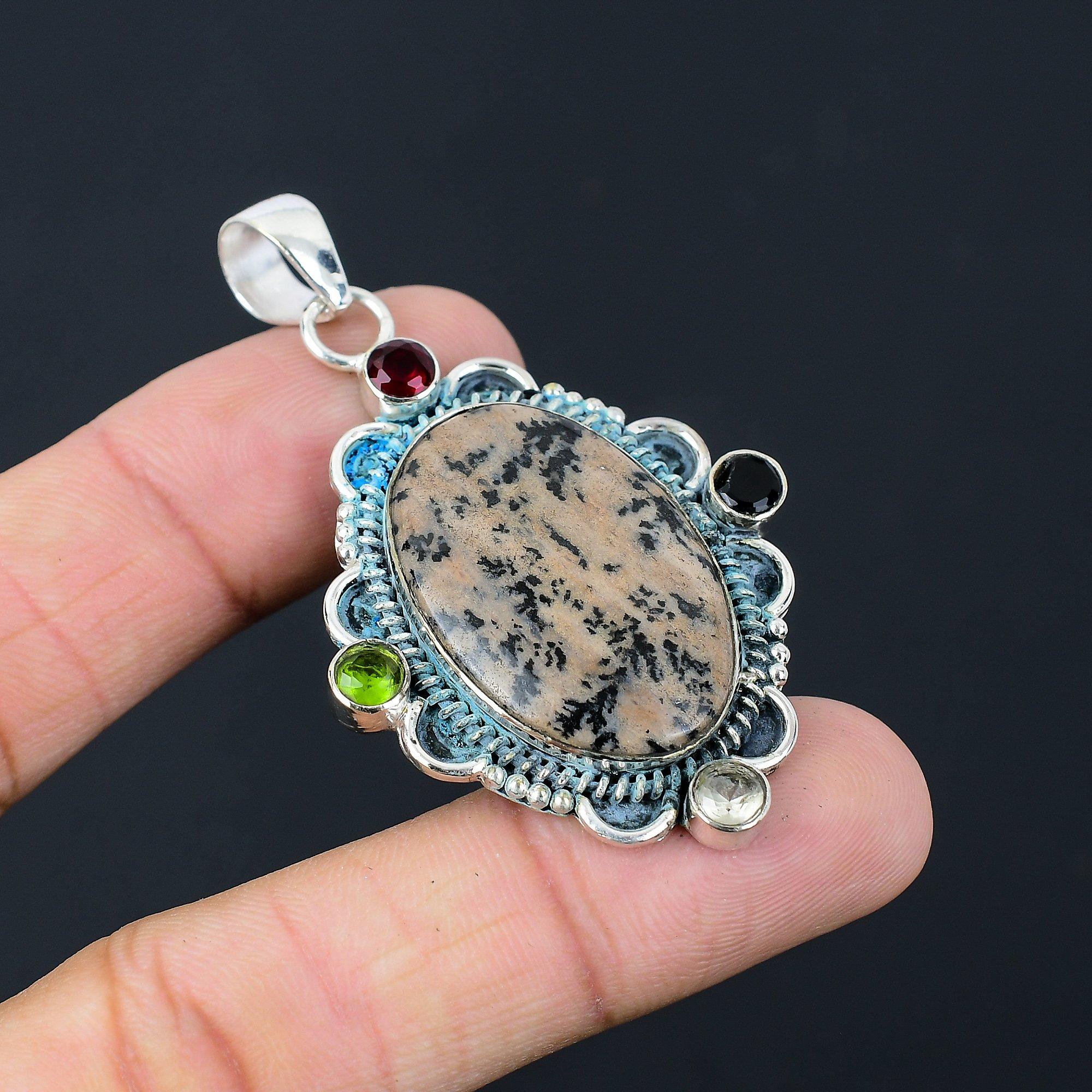 925 Silver Honey Dendrite Opal Stone Mozambique Garnet Wife Anniversary Pendant