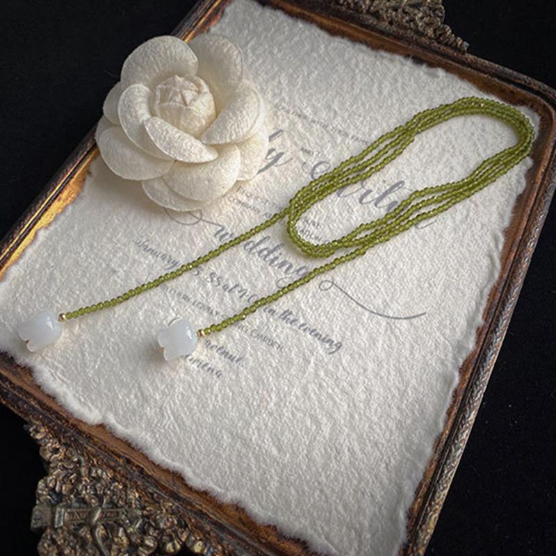Collane a Doppio Strato Avvolte con Perline di Cristallo Verde Oliva e Mughetto Bianco per Donna con Vari Metodi di Indossare Regalo