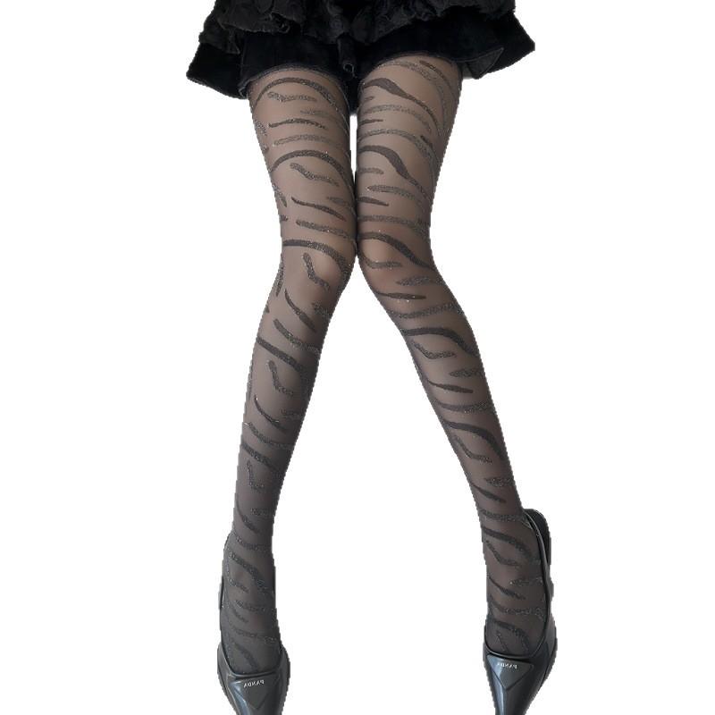 Silver Silk Black Sexy Style Skinny Personality Black Silk Spice Girls Pantyhose Leopard Zebra Jacquard