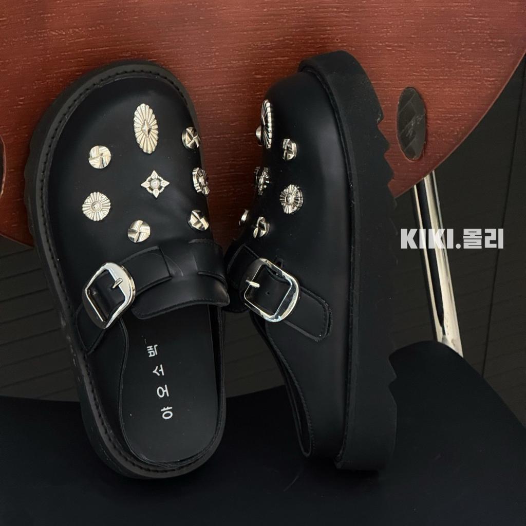 MONA same shoes 2025 new retro bag head half slippers women's outer wear rivets casual leather platform muller shoes