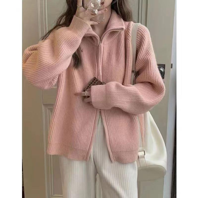 Solid color simple double zipper knitted cardigan top women's autumn and winter new loose lazy wind sweater jacket tide