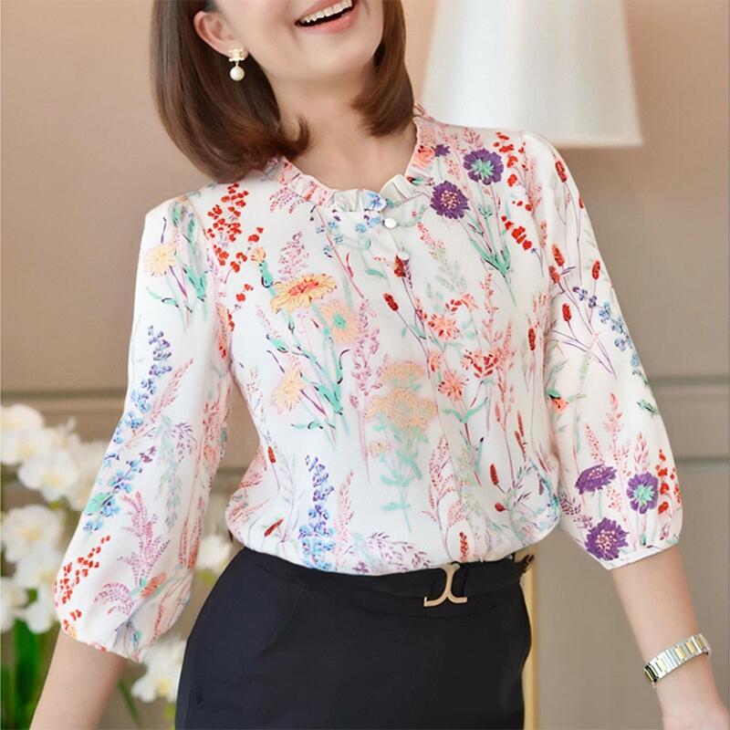 ZANZEA Women Casual Round Neck 3/4 Sleeve Loose Print Blouse