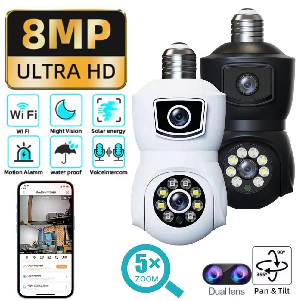 8MP E27 Bulb WiFi Camera Security Protection Indoor Dual Lens Dual Screen Human Tracking Night Vision IP Camera Two-Way Audio