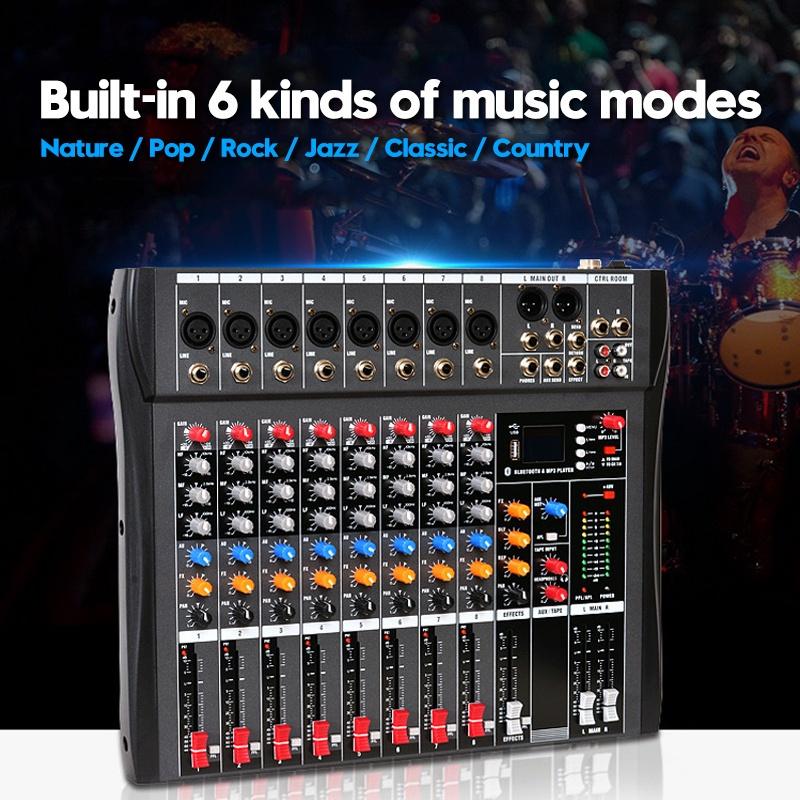 USB 8 Channel Sound Mixing Console Bluetooth Record Computer Playback Phantom Power Effect 8 Channels USB Audio Mixer