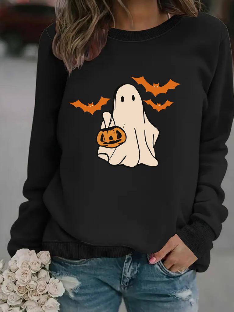 European and American Halloween Casual Long Sleeve Crew Neck Cartoon Ghost Print Pullover Sweatshirt Sweater