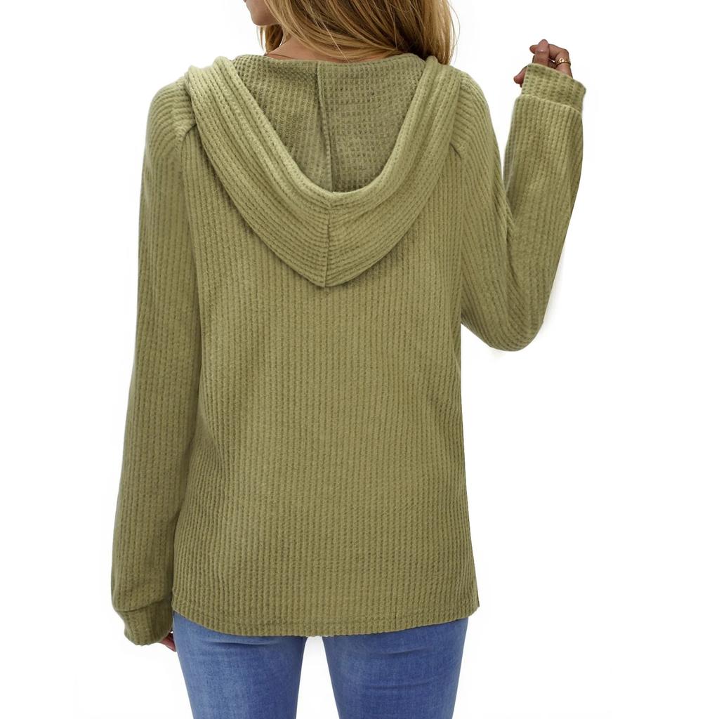 Women's Fashion Long-Sleeve Solid-Color Hooded Button-Up Casual Sweatshirt Top