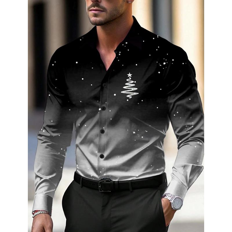 Camicie da Uomo a Tema Natalizio con Stampa Alberi di Natale Grafiche Degradé Fiocchi di Neve Camicie a Manica Lunga Button-Up Top alla Moda