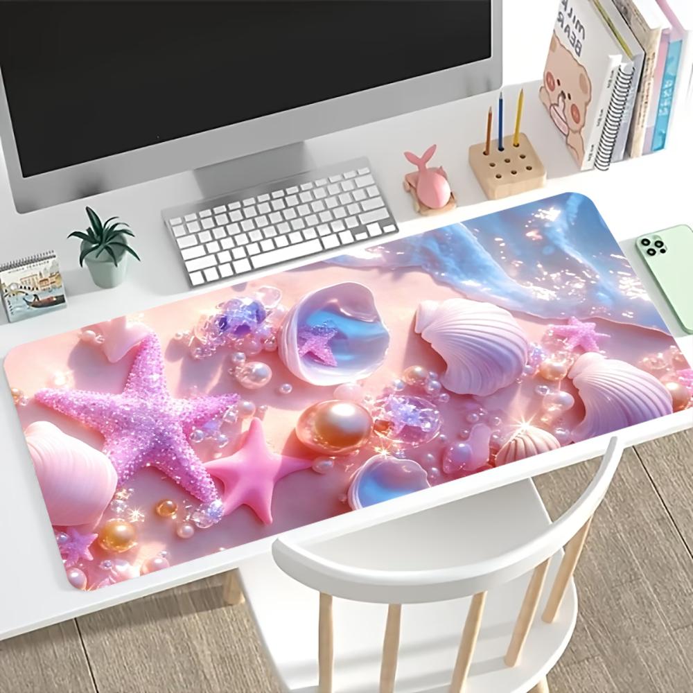Pastel Starfish Seashell Large Gaming Desk Mat Non Slip Mousepad Stitched Edge Laptop Keyboard Coastal Design