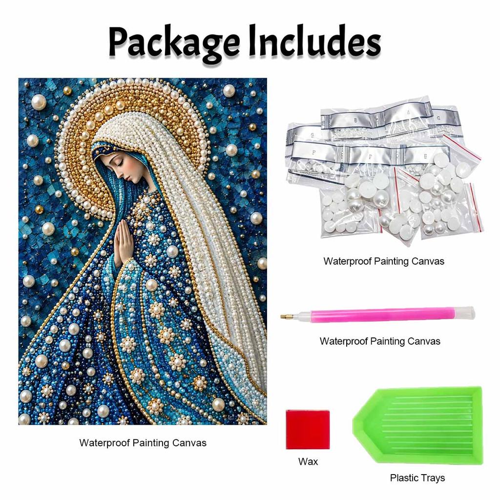 DIY Framed Pearl Bead Art Kit Religious Virgin Mary Pattern Sparkling Canvas Painting for Modern Room Wall Decor Gift