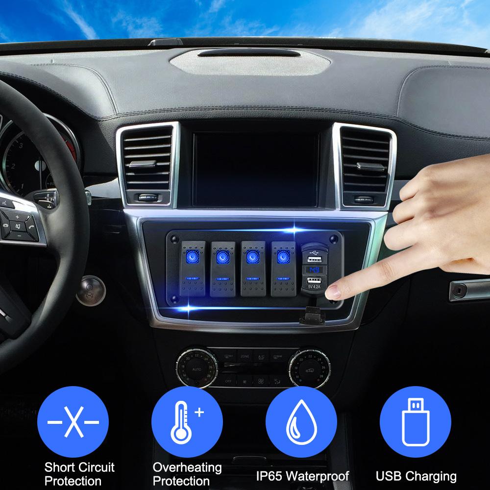 Digital Voltmeter 4 Gang Toggle Rocker Switch Waterproof 12V/24V Dual USB Port for Car Marine LED Switch Panel +Sticker