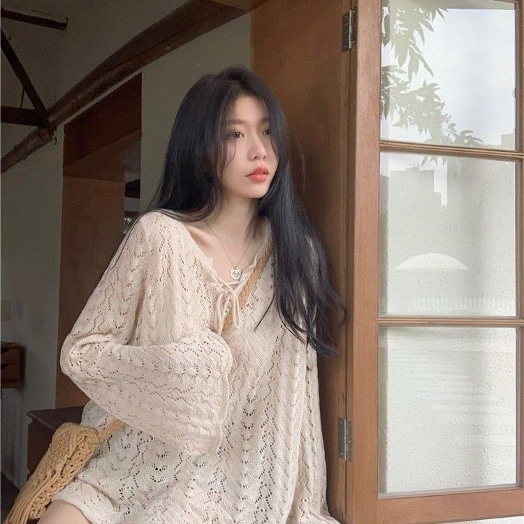 Hollow Out Long Sleeved Knitted Sweater Women's Korean Version Short Cover Shirt Summer Loose Sun Protection Sweet and Spicy Top