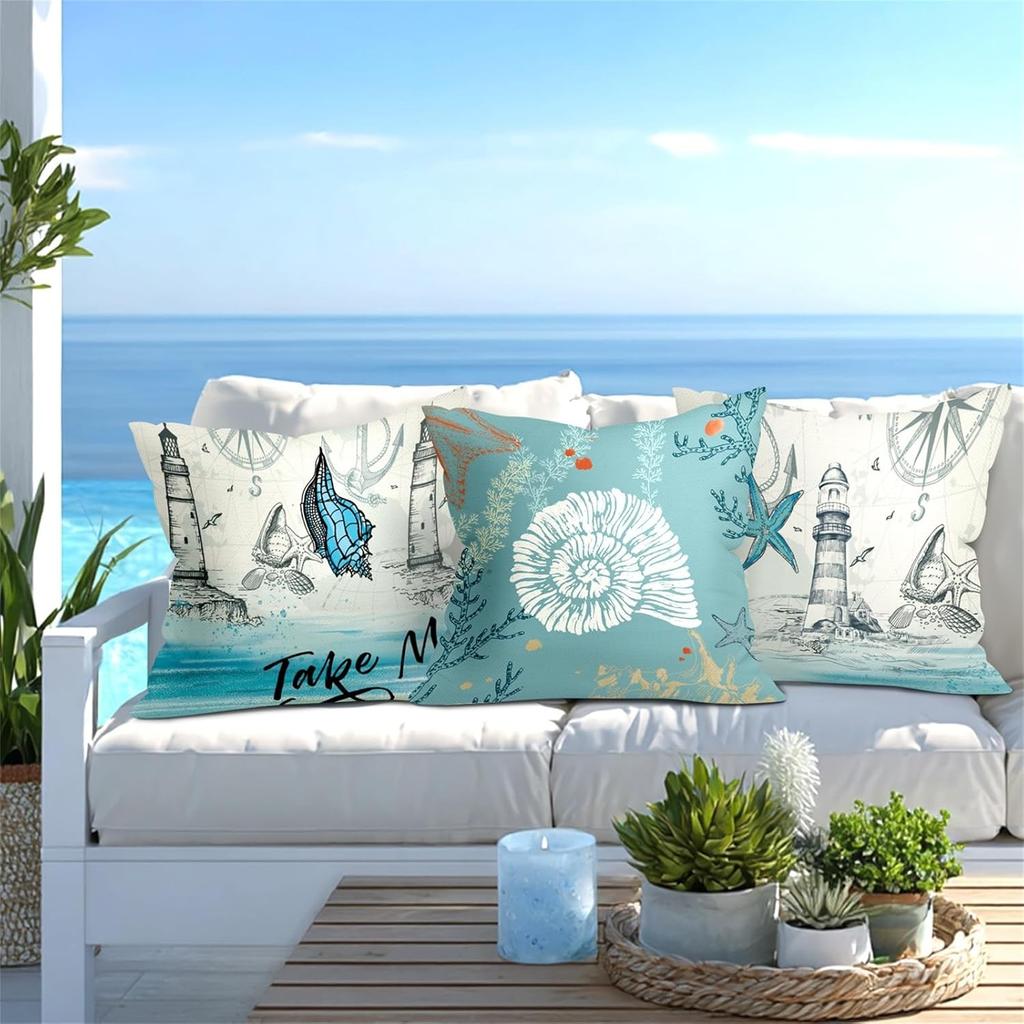 Summer Blue Nautical Throw Pillow Covers 18x18 Inch Set of 4 Ocean Lighthouse Starfish Seashell Cushion Covers Home Decor for Couch Cushion Cases