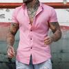 Camicia da Uomo a Maniche Corte in Tinta Unita con Colletto a Revers - Vestibilità Muscolosa