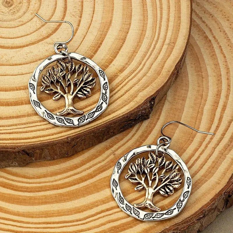 Tree of Life Design Hollow Round Drop Earrings Retro
