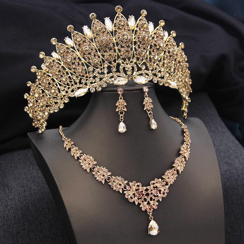 Royal Queen Champagne Tiaras and Crowns Bridal Jewelry Sets for Women Wedding Crown and necklace earrings Tiara Set Accessories