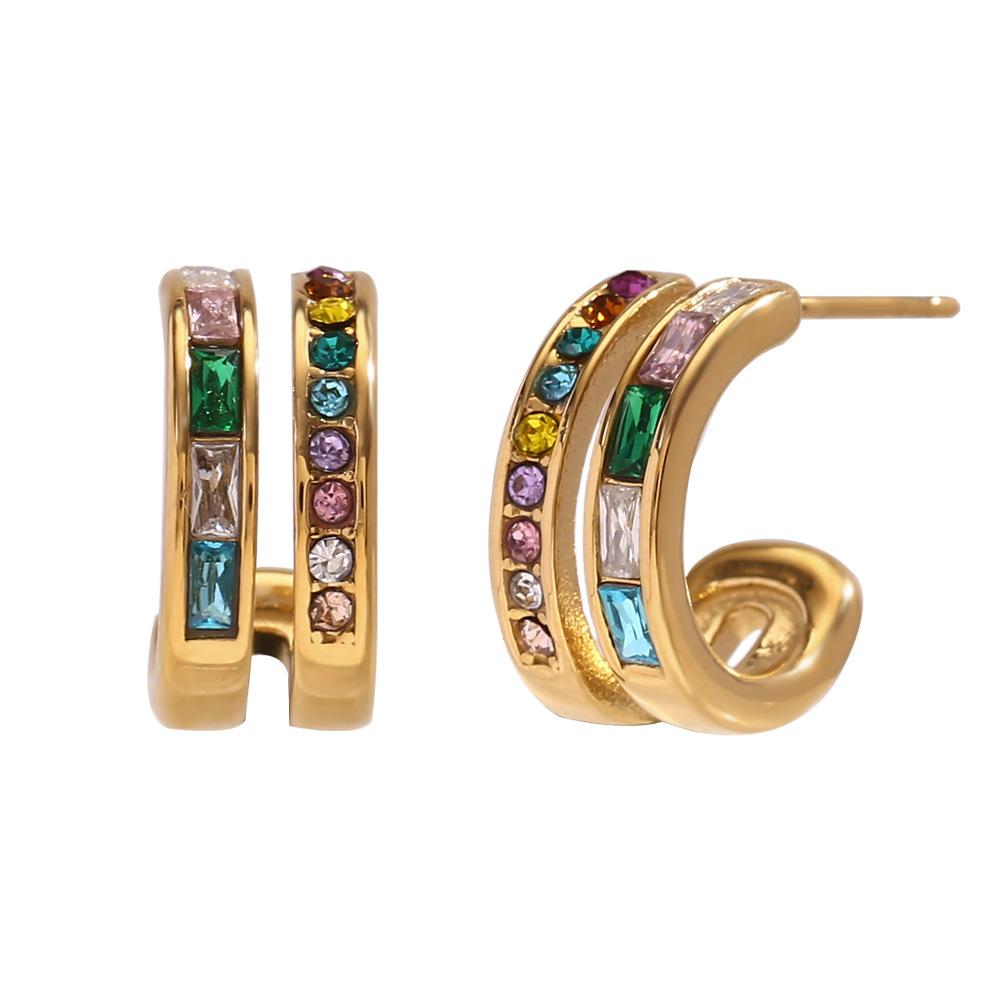 Women's Dainty Colorful Zircon Hoop Earrings Double Layer C Shape 18K Gold Plated Stainless Steel Trendy Style Blue Finch