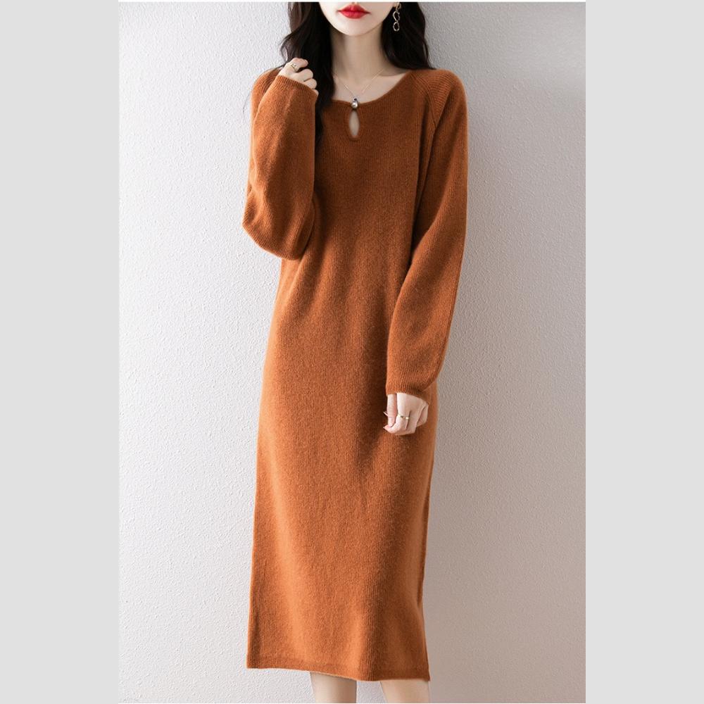Knitted Straight Dress for Women Long-sleeved Casual Long Sweater Dress Solid Color Round Neck Pullover for Autumn and Winter