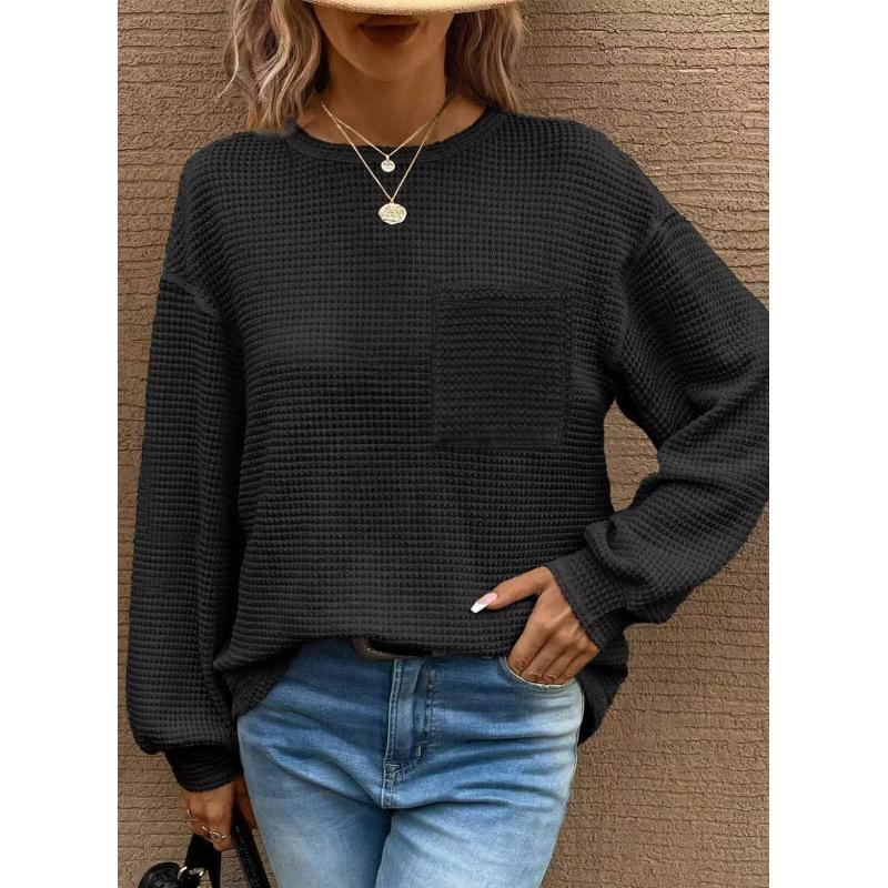 2026 Waffle Knit Round Neck Pocket Casual Loose T-shirt - TikTok Trendy