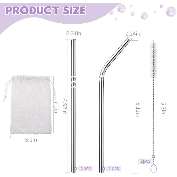 10 Pack Short Metal Straws, Reble Straight Straws, 5 Straight 5 Bent, 304 Stainless Steel Straw, 5 Inch Cocktails Drinking Straws with 2 Cleaning