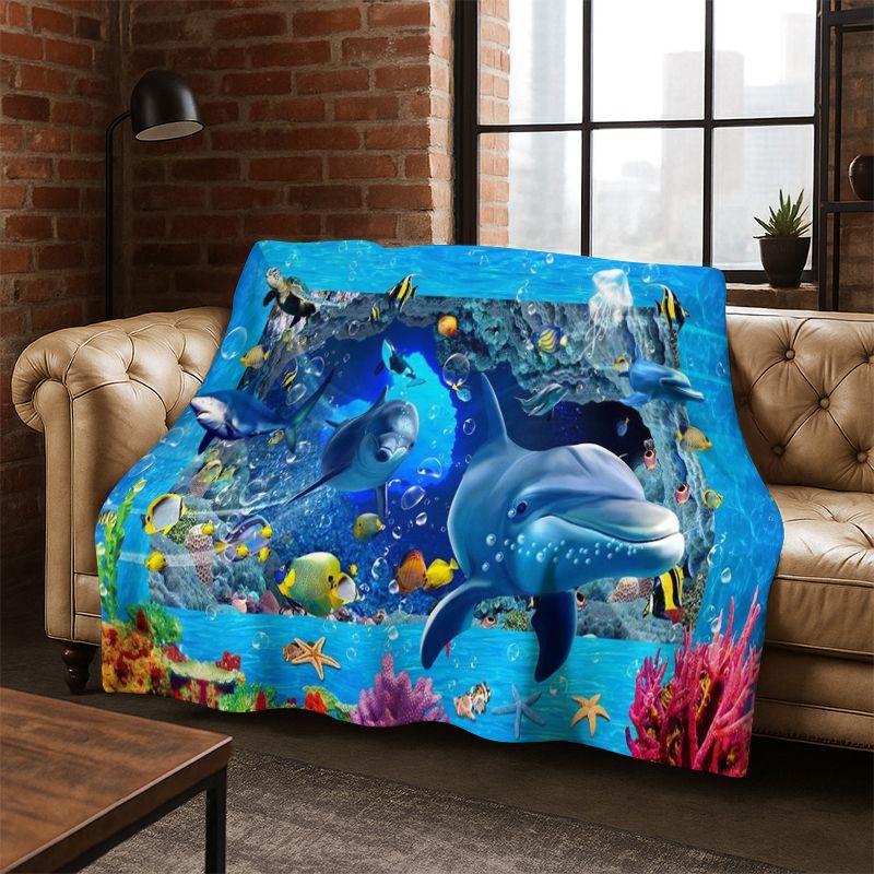 3D Illusion Underwater World Marine Life Shark Dolphin Cartoon Flannel Blanket Throw Blanket for Bedroom Living Room Bed Travel